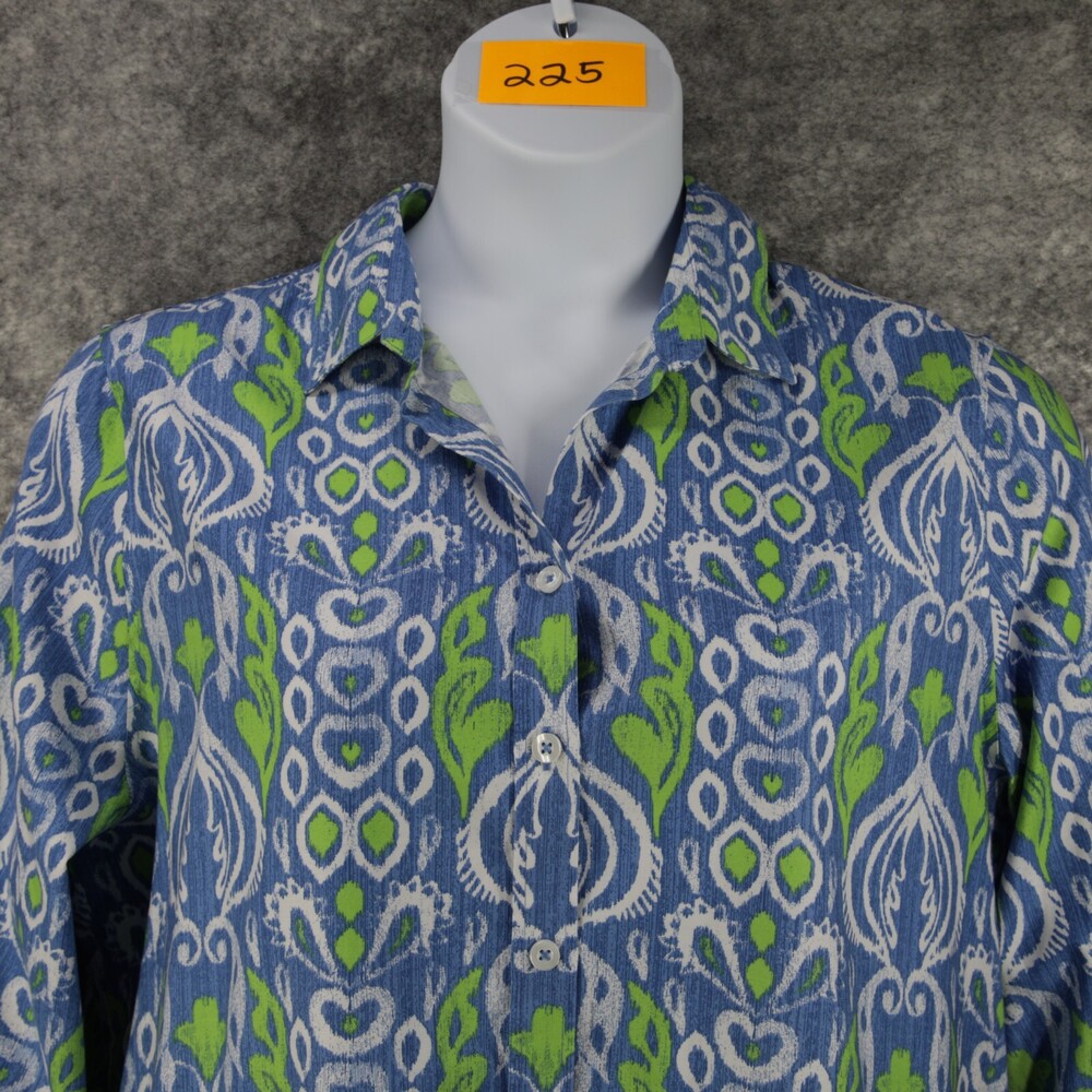Chicos Shirt 3 Womens XL 16 Blue Lotus Bloom Ikat Geo Lux No Iron Chic Stretch